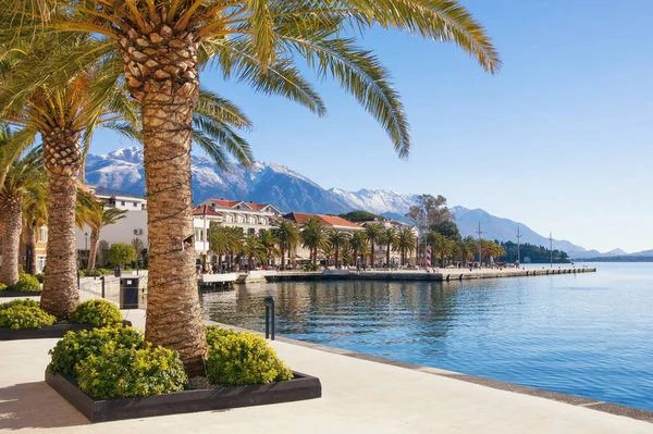 Embankment da cidade de Tivat com a montanha de Lovcen no fundo. Baía de Kotor (Mar Adriático), Montenegro, inverno — Fotografia de Stock