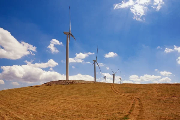 Windmills on a hill against a blue sky with white clouds. Montenegro,  Krnovo wind park, near Niksic town — Stock Photo, Image