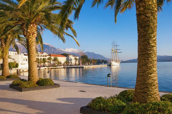 Sunny winter day in Mediterranean town. View of the embankment of Tivat city, Montenegro — Stock Photo, Image