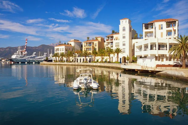 Montenegro. View of embankment of Tivat city on sunny autumn day — Stock Photo, Image