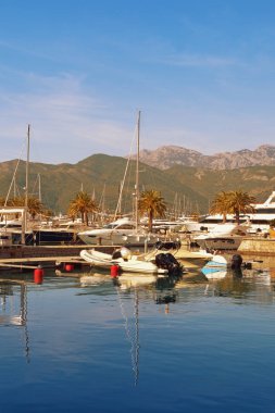 Güneşli bir sonbahar gününde Porto Montenegro yat marinası manzarası. Karadağ, Adriyatik Denizi, Kotor Körfezi, Tivat kenti