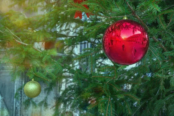 Jasny świąteczny bal na ozdobionej choince. Czarnogóra, miasto Kotor. Budynki, plac miejski i piesi są odzwierciedlone w piłce — Zdjęcie stockowe