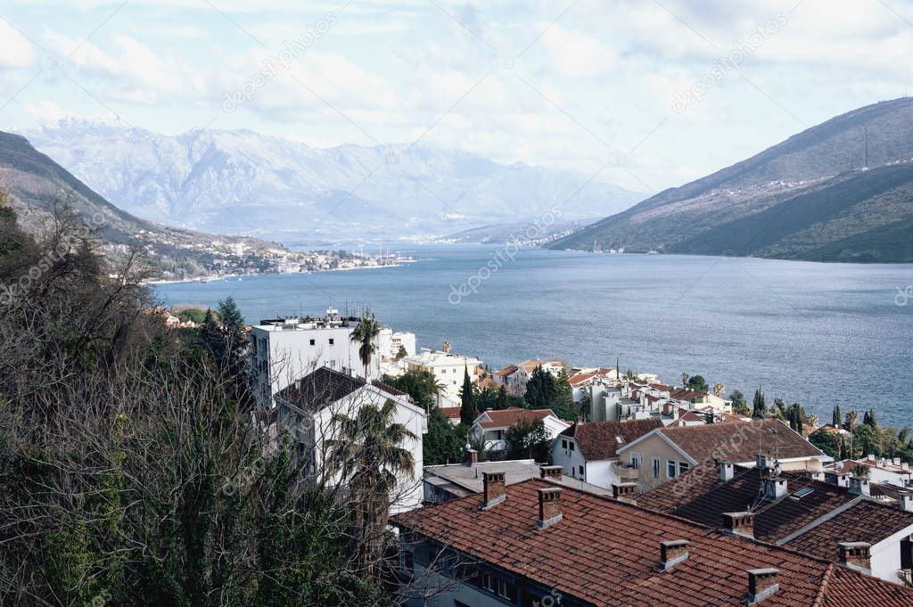 Winter Mediterranean landscape. View of Kotor Bay and Herceg Novi town. Montenegro. Color toning
