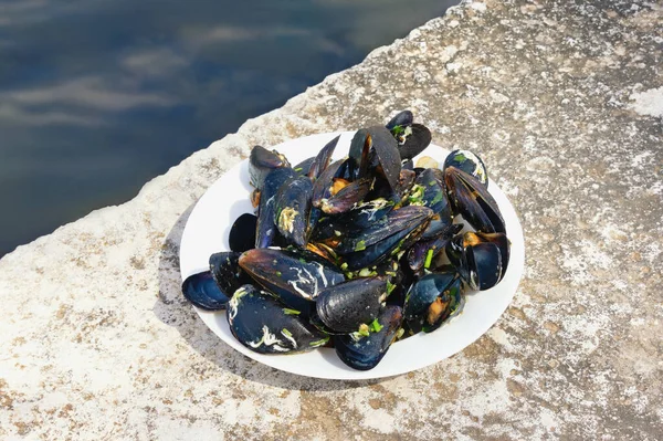 バルカン料理 海岸にムール貝と皿 モンテネグロ — ストック写真