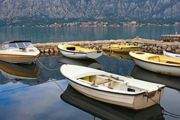 Fishing Boats Small Harbor Autumn Montenegro Adriatic Sea Bay Kotor — Stock Photo, Image