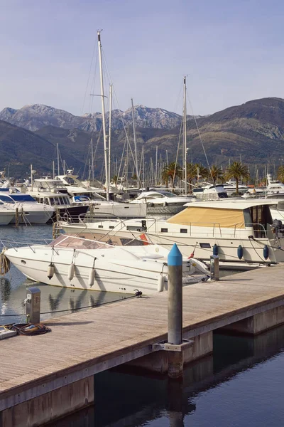 Yacht marina. Montenegro, Adriatic Sea, Bay of Kotor, Tivat city. View of yacht marina of Porto Montenegro on winter day