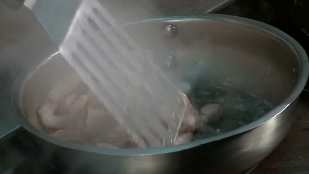 Bacon slices frying on pan closeup. — Stock Footage Bacon slices frying on pan closeup. Royalty Free Stock Footage