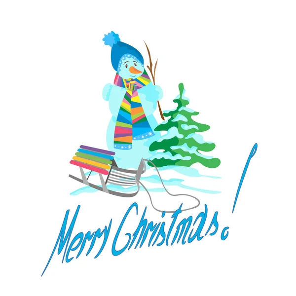 Kardan adam ve beyaz bir arka plan üzerinde kızak ile Noel ağacı — Stok Vektör