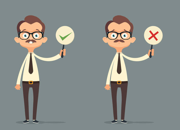 Офисный работник, держащий в руках правильные знаки и надписи
