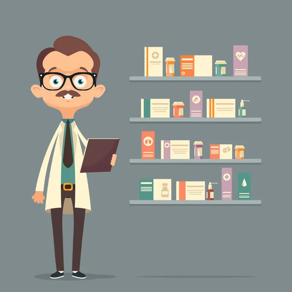 Médico de pie cerca de los estantes con medicamentos — Archivo Imágenes Vectoriales
