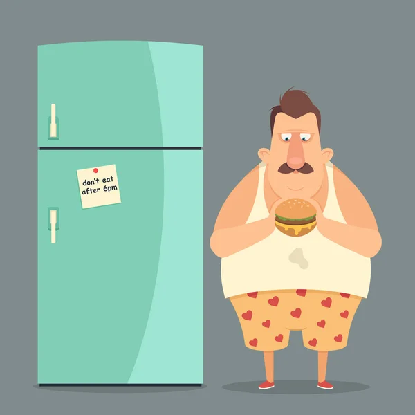 Dicker Mann steht neben dem Kühlschrank — Stockvektor