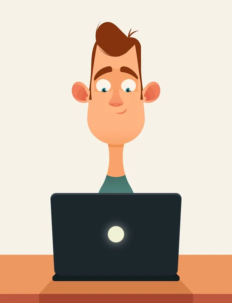 Funny Cartoon Character Working with Laptop — Stock Vector