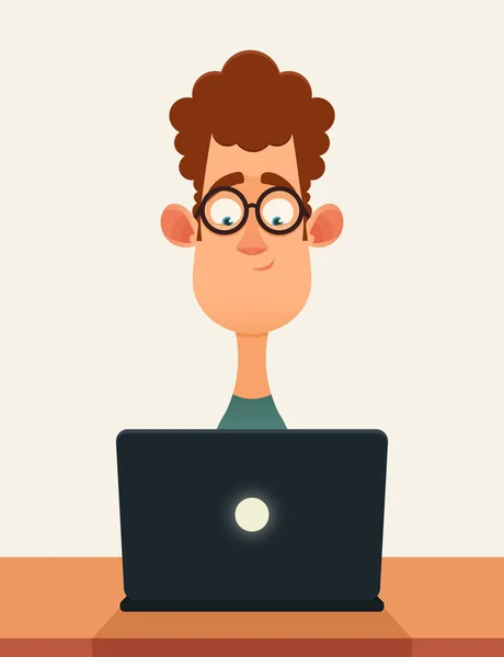 Nerd Trabajando con Laptop — Vector de stock