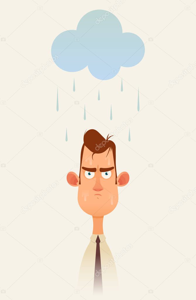 Grumpy Man Standing Under the Rainy Cloud