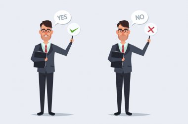 Sevimli çizgi film karakteri - doğru ve yanlış elinde ofis çalışanı