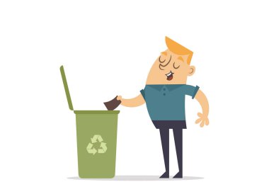 Adam bir kağıt yeşil bir çöp kutusuna atma