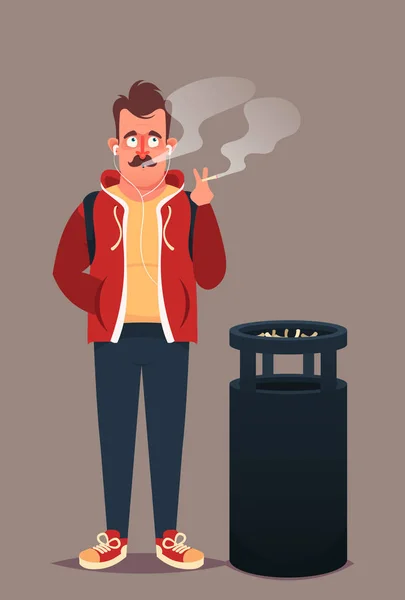 Hombre parado cerca de la papelera y fumando — Vector de stock