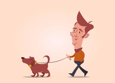Düz çizgi film adam köpeğiyle yürüyor