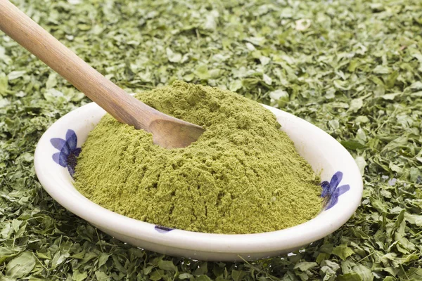 나뭇잎과 moringa 가루 (Moringa oleifera) — 스톡 사진