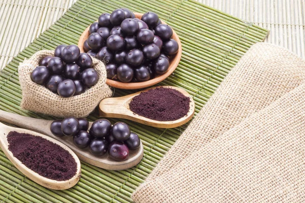 Ruits e açaí em pó originários da Amazónia (Euterpe oleracea ) — Fotografia de Stock