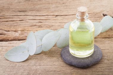 Okaliptüs yağı ve ahşap masa yapraklarda