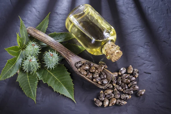 Frijoles y aceite de ricino sobre la mesa negra — Foto de Stock