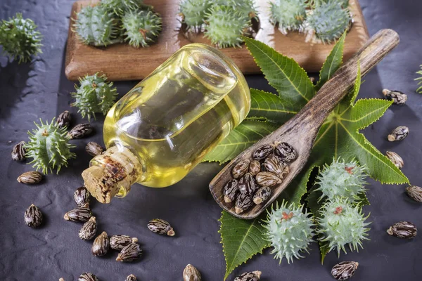 Beans and castor oil on the black table — Stock Photo, Image