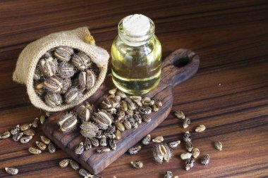 meyve ve hintyağı ahşap masada - Ricinus comis