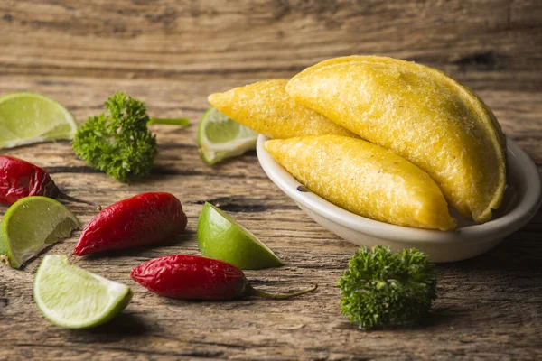 Empanadas Hot Pepper Wooden Background Traditional Colombian Food — Φωτογραφία Αρχείου
