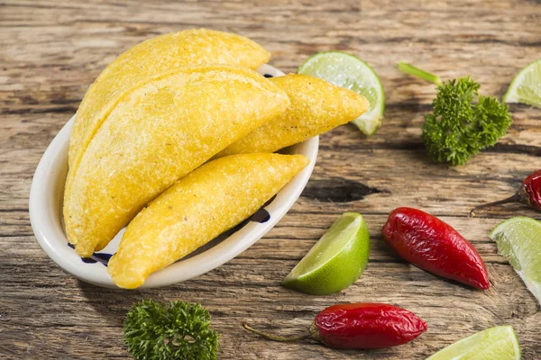 Empanadas Hot Pepper Wooden Background Traditional Colombian Food — Φωτογραφία Αρχείου