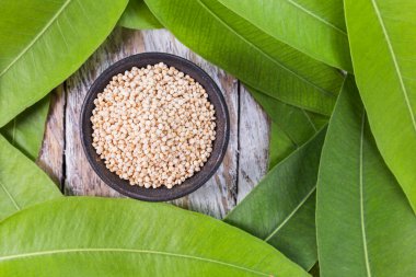 Tahta arka planda yeşil yapraklarla çevrili kinoa taneleriyle dolu bir kase.