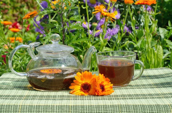 ガラスのティーポットとカップお茶を屋外で カレンデュラとミントのお茶 — ストック写真