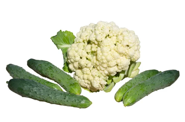 Cauliflower Fresh Cucumbers Isolated White Background — Stock Photo, Image