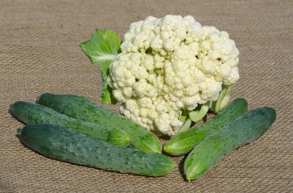 Cauliflower Head Fresh Cucumbers Burlap — Stock Photo, Image