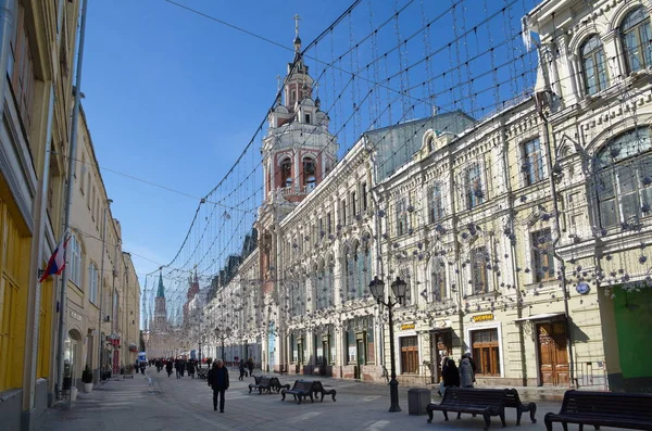 Moskva Rusko Března 2018 Nikolskaya Street Slavnostní Dekorace Pohled Klášter — Stock fotografie