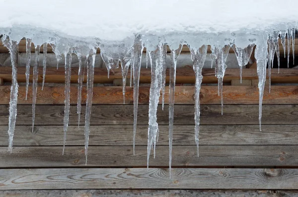 Icicles Snow Roof Wooden House — 스톡 사진