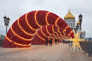Moscow, Russia - January 10, 2020: New year decorations on the Patriarchal bridge as part of the festival 