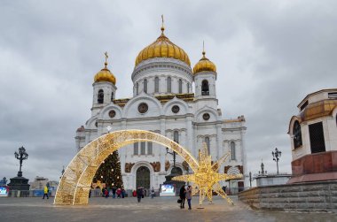Moscow, Russia - January 10, 2020: Christmas decoration near the Cathedral of Christ the Saviour