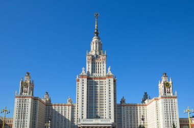 Summer view of the main building of the Lomonosov Moscow state University (MSU) on the Leninsky (Vorobyovy) mountains. Moscow, Russia
