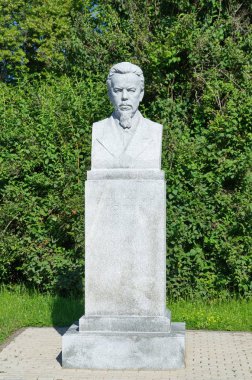 Moscow, Russia - August 9, 2017: Monument to A. S. Popov in front of the Moscow state University on the Lenin (Vorobyovy) mountains