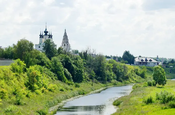 Vista Verão Rio Kamenka Mosteiro Alexander Suzdal Anel Ouro Rússia — Fotografia de Stock