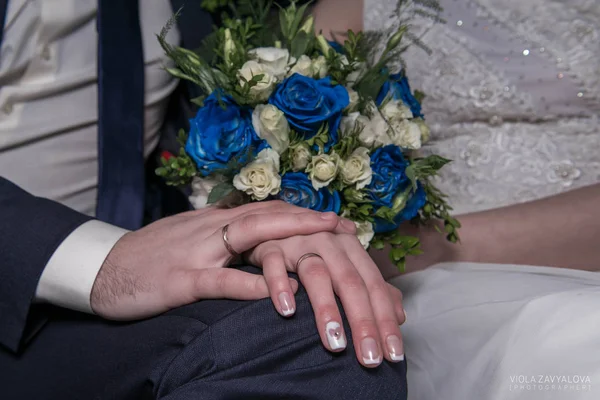 Novia y novio tomados de la mano. — Foto de Stock