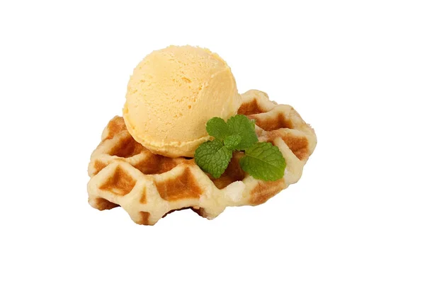 Belgian waffle topped with ice cream — Stock Photo, Image