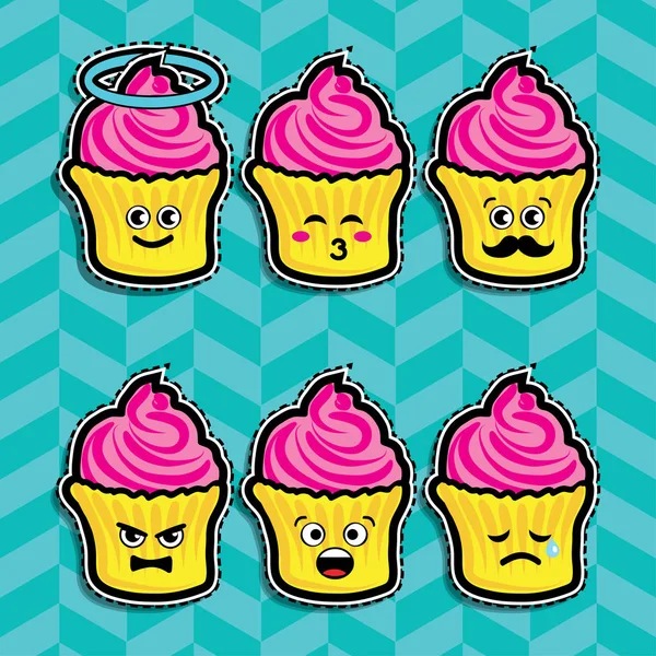 Pop art moda Cupcake Emoji ayarla — Stok Vektör
