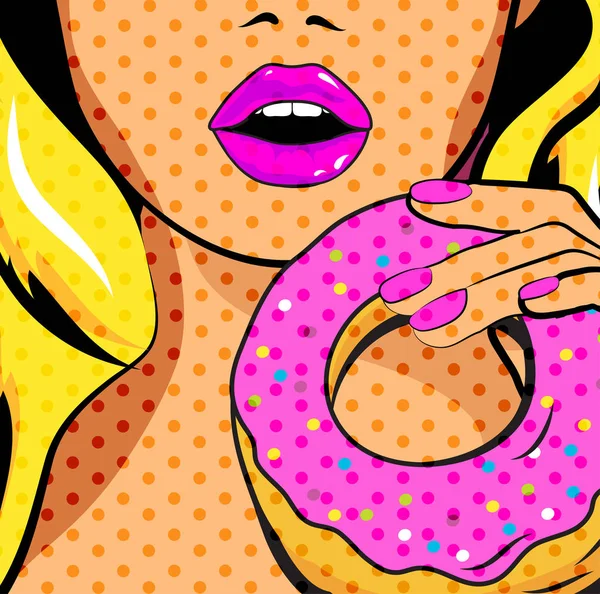 Pop Art Mujer con rosquilla — Vector de stock