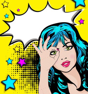 Pop art kadın - mükemmel! işareti.