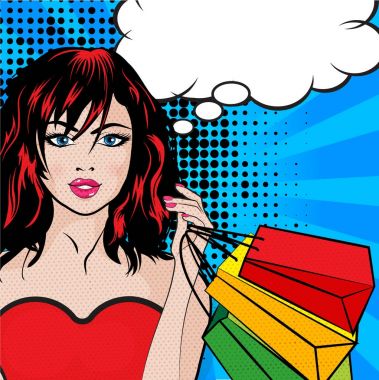 Kabarcık işaret ve alışveriş torbaları kadın ile