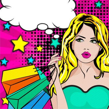 Kabarcık işaret ve alışveriş torbaları kadın ile