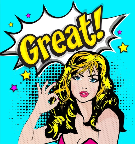 Pop Art Woman - GREAT! sign — Stock Vector