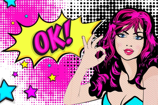 Pop Art Mujer con signo OK — Vector de stock